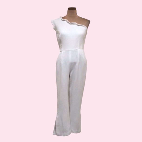 Black Halo Pravella Jumpsuit Size 10 White Ruffle One Shoulder Cropped Length - Picture 1 of 12